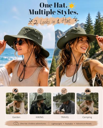 Wide Brim Waterproof Bucket Rain Hat for Women Men UPF50+ Cowboy Sun Hat - color: Army Green