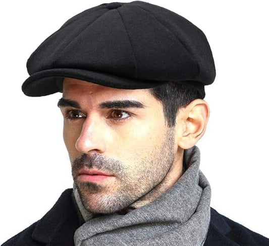 Wool Tweed Newsboy Cap for Men Paperboy Warm Winter Hat Vintage Flat Ivy Cabbie Gatsby Cap - color: Black, size: Large-X-Large