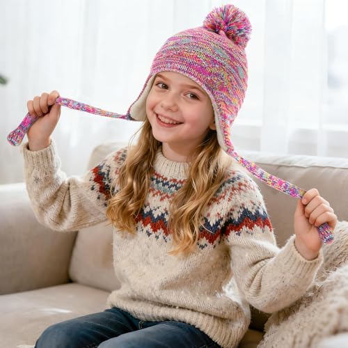 Jansun Kids Double Pom Pom Winter Hat, Warm Fleece Lined Cute Kids Winter Hat Scarf Earmuffs Girls Accessories Hat Rainbow - style: Fashion Style