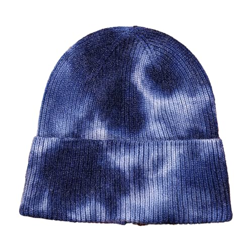 Beanie for Women Men Unisex Tie Dye Cuffed Knit Skull Cap Colorful Gradient Winter Hat Soft Slouchy Warm Less Static - color: Navy