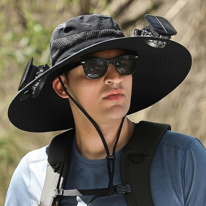 Fishing Hats with Sunglasses, Wide Brim Sun Hat with 2 Solar Fan, USB & Solar Powered Fishing Hats, Solar Fan Hats UPF 50+ - color: Black
