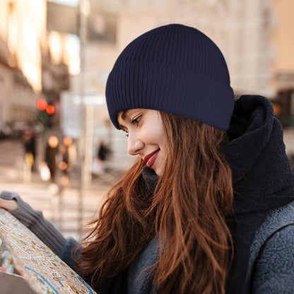 Beanie for Men Women Cuffed Thick Knitted Skull Cap Unisex Winter Hat - color: Navy Blue