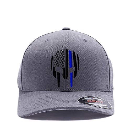 G&B Red Thin Red/Blue Line Spartan Helmet & Distressed Skull Flex Baseball Cap. Embroidered. 6277/6477 Flex Baseball Hat - color: Grey, size: Large-X-Large