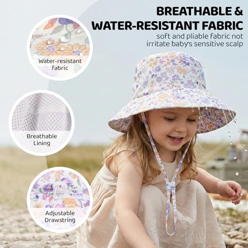 Toddler Bucket Hats UPF 50+ Baby Sun Hat Adjustable Kids Sun Protection Summer Hat Wide Brim Beach Hat for Boys Girls 0-6Y - color: Purple+purple Flower, size: 6-24 Months