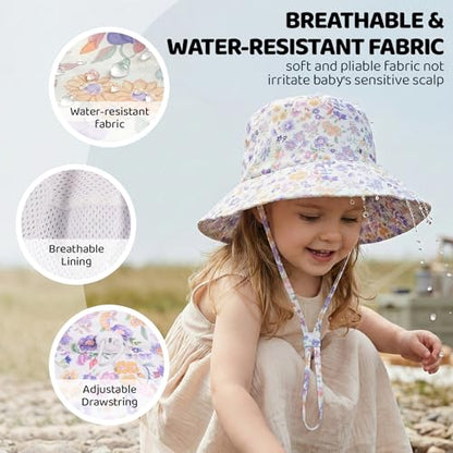 Toddler Bucket Hats UPF 50+ Baby Sun Hat Adjustable Kids Sun Protection Summer Hat Wide Brim Beach Hat for Boys Girls 0-6Y - color: Purple+purple Flower, size: 6-24 Months