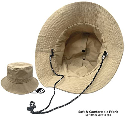 woogwin Waterproof Bucket Rain Hat with Chin Strap Quick Dry Packable Boonie Sun Hat Safari Hat UV Protection - color: Khaki