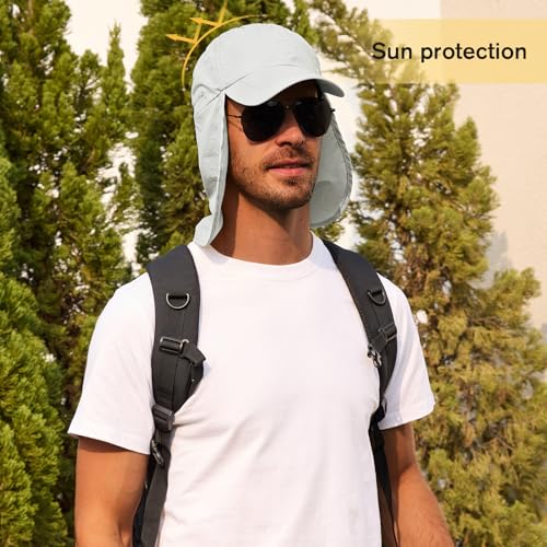 American Trends Mens Sun Hat with Neck Flap, UV Protection Outdoor Flap Hat, Packable Soft Fishing Hiking Gardening Hat - color: Light-gray