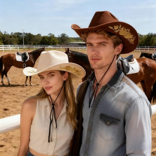 Felt Hats for Cowboys and Cowgirl Unisex Classic Rolled up Caps Yellow Embroidery with Chin Strap - color: Beige