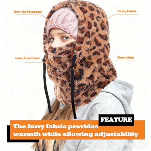 Ski Mask Fleece Balaclava, Winter Face Mask Windproof Neck Cover Warmer Hat Hood for Men Women - color: Leopard Print