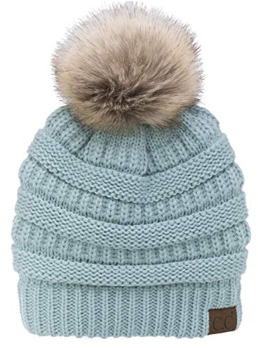 C.C Trendy Fuzzy Fleece Lined Warm Comfortable Soft Stretch Cable Knit Ribbed Faux Fur Pom Pom Beanie Hat - color: Mint Green