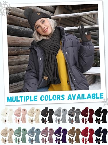 Winter Hat Scarf Gloves Set, Fleece Lined Cable Knit Pompom Hat Women Gift - color: Dark Gray