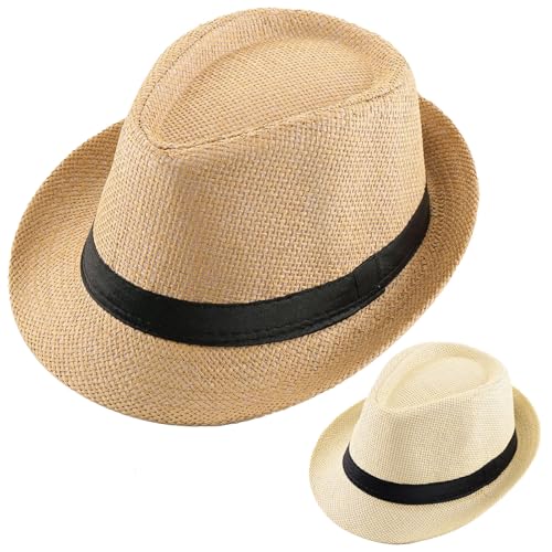 2 Pack Straw Fedora Hats for Men and Women, Short Brim Summer Beach hat, Trilby Panama Sun Hats. - color: Beige/Khaki, size: Large-X-Large