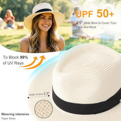 DRESHOW Women Straw Panama Hat Travel Fedora Beach Sun Hat Summer Wide Brim Straw Roll up Hat UPF 50+ - color: Z Panama Straw Hat: : Ivory White a