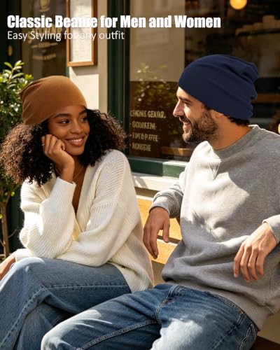 vidsel 100% Cotton Slouchy Beanie for Women Men, Thin Beanies Winter Hat - color: Navy Blue