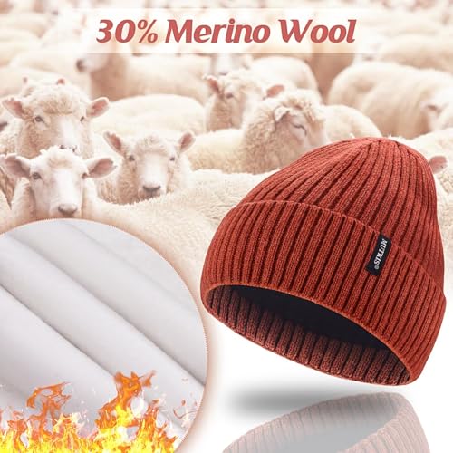 Beanie Hats for Men 30% Merino Wool Knit Hat, Winter Hats for Women Thick Warm Lined, Beanie for Women Cold Weather Skull Cap - color: Navy