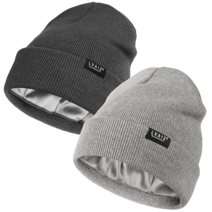 2 Pack Satin Lined Beanies for Men and Women Warm Cuffed Winter Hats - color: Dark Grey+light Grey