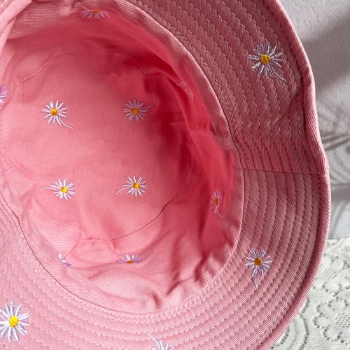 Reversible Bucket Hats for Women Men Flower Cotton Summer Travel Beach Sun Hats Packable Bucket Hats - color: Pink B
