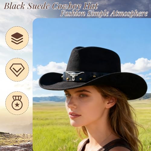 Universal Cowboy Hat for Men and Women,Wide Brim Suede Panama Hat, Adjustable Design, Soft Lightweight (Black1)