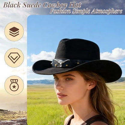 Universal Cowboy Hat for Men and Women,Wide Brim Suede Panama Hat, Adjustable Design, Soft Lightweight (Black1)