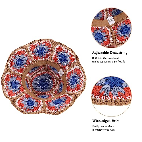 Womens Multicolor Floral Crochet Straw Sun Hat Wide Brim Summer Beach Hat - color: Red