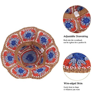 Womens Multicolor Floral Crochet Straw Sun Hat Wide Brim Summer Beach Hat - color: Red