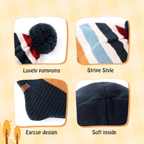 Duoyeree Kids Beanie Dinosaur Pom Pom Knit Winter Hat Fleece Lined for 1-7T - color: Stripes, size: 2-4T
