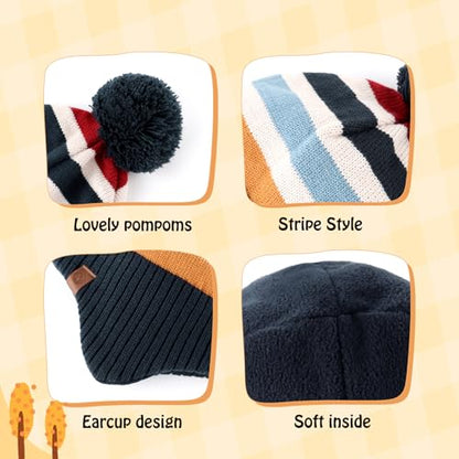 Duoyeree Kids Beanie Dinosaur Pom Pom Knit Winter Hat Fleece Lined for 1-7T - color: Stripes, size: 1-2T