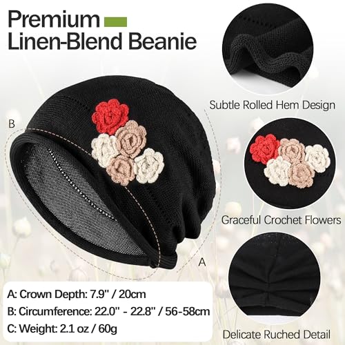 Ababalaya Breathable Cotton Linen Slouchy Beanie Hat for Women - color: Black