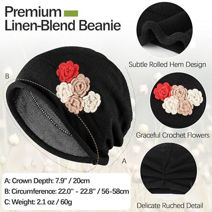 Ababalaya Breathable Cotton Linen Slouchy Beanie Hat for Women - color: Black