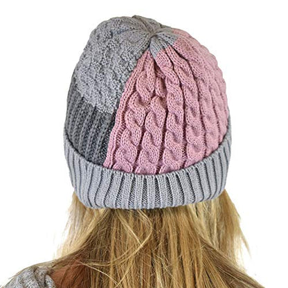 C.C Winter Warm Multi Knit Tricolor Skull Cap Cuff Beanie - color: Rose/Light Melange Gray