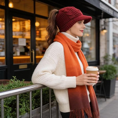 Women's BeanieTail Warm Knit Hat Messy High Bun Ponytail Visor Beanie Cap - color: B340-burgundy, size: Medium