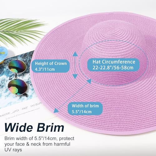 AQOKKA Sun Hats for Women Big Straw Wide Brim Summer Beach Hat Floppy Foldable Roll up Cap for Outdoor UPF 50+ - color: Wide Brim : Purple