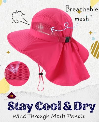 Home Prefer UPF50 Wide Brim Kids Sun Hat Neck Flap Boys Girls Sun Protection Hat for Beach Fishing - color: Hot Pink, size: 4-8 Years