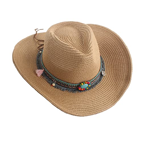 Men Straw Cowboy Hat Women Cowgirl Fedora Wide Brim Beach Sun Hat - color: Khaki, With Decorative Beads & Tassels