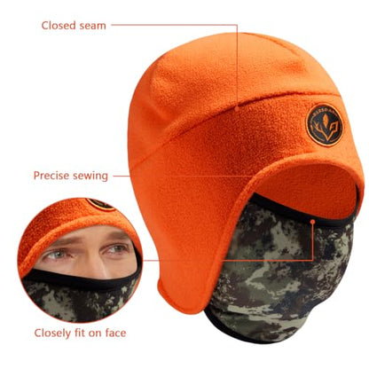 BASSDASH Unisex Soft Fleece 2-in-1 Hat with Mask Ear Flap - color: Orange & Grunge Camo