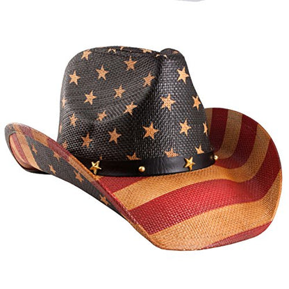 grinderPUNCH Straw Cowboy Hat for Men Women Western Cowgirl Outback Sun Hat - color: Antique Flag