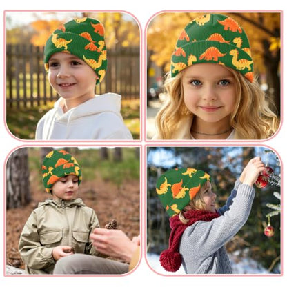 Kids Beanie Knit Hat Winter Unisex Cuffed Beanies Skull Cap Warm Double Layer Thick Acrylic Cute for Girls Boys - color: Dinosaur