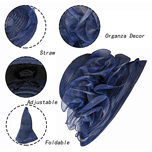Organza Kentucky Fascinator Hat for Women - Derby Cocktail Tea Party Sun Hat Wedding Bridal Flower Church Hat Packable - color: Dark Navy