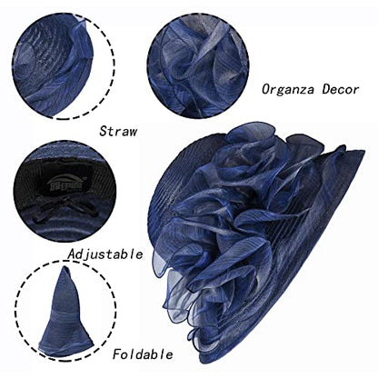Organza Kentucky Fascinator Hat for Women - Derby Cocktail Tea Party Sun Hat Wedding Bridal Flower Church Hat Packable - color: Dark Navy