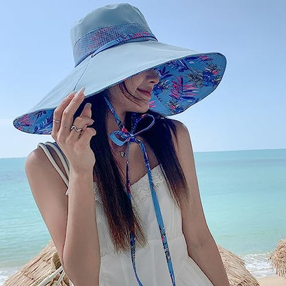 6" Extra Wide Brim Sun Hats UPF 50+ UV Protection Packable Beach Hat Strap Women - color: Blue