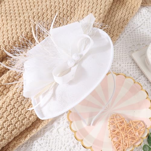 AQOKKA Women Fascinators Hats Flower Mesh Feathers Headband Clip - color: 1 Pc Feather Fascinators : White