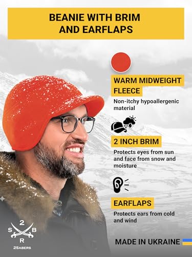 2SBR 2SABERS Fleece Winter Beanie with Visor - Men Women - Earflap Brim Skull Watch Cap Hat - color: Safety Orange, size: Large