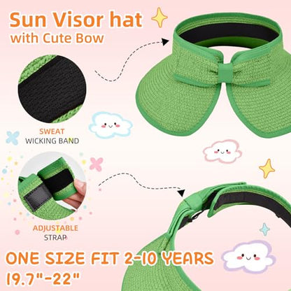 Girls Sun Visor Hat with Ponytail Hole Wide Brim Beach Straw Visor UPF 50+ - color: 1pack-grass Green