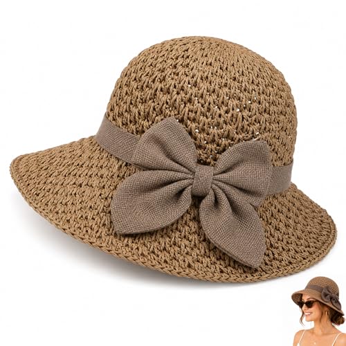Versatile Woven Straw Sun Hat for Women,Women's Sun Hat,Wide Brim UV Protection Foldable Beach Hat with Bow, Summer Hats - color: Khaki