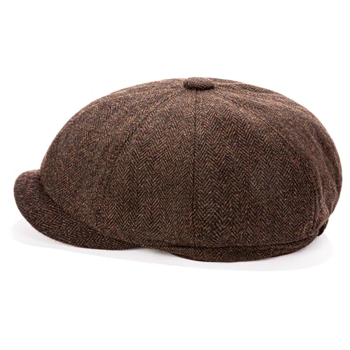 Men's Wool Newsboy Cap 8-Panel Tweed Taxi Hat Herringbone Gatsby Flat Hats - color: D-coffee