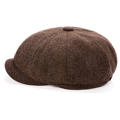 Men's Wool Newsboy Cap 8-Panel Tweed Taxi Hat Herringbone Gatsby Flat Hats - color: D-coffee