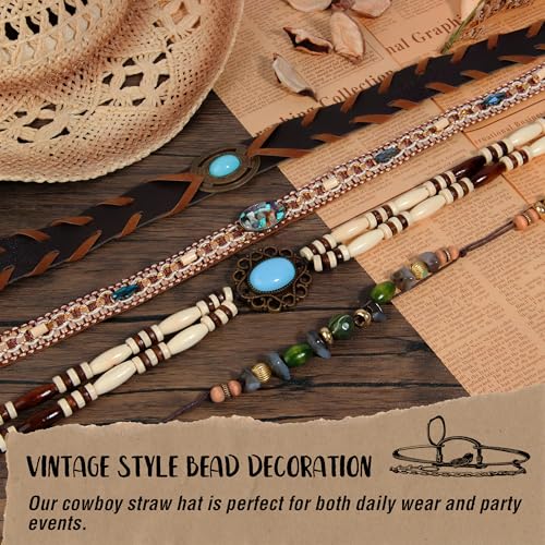 Straw Cowboy Hat Western Cowgirl Hat with Four Decorative Bands, Hat Size Fits 21 7/8 to 23, Wide Brim