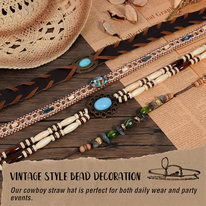 Straw Cowboy Hat Western Cowgirl Hat with Four Decorative Bands, Hat Size Fits 21 7/8 to 23, Wide Brim