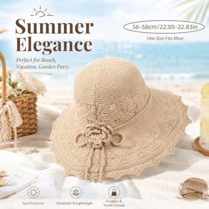 Woven Straw Bucket Hat for Women Bowknot Straw Bucket Hats Packable Sun Hats Summer Party Travel Daily Wear - color: Beige
