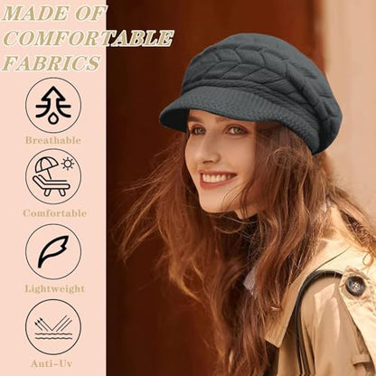stablerice 4 Pack Womens Winter Beanie Hats Thick Warm Knit Hat with Visor Brim Wool Snow Ski Caps Chunky Soft Slouchy Cap - color: Black, Red, Gray, Beige